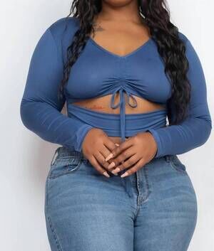NEW CAPELLA drawstring ruched cutout crop top - plus in blue haze